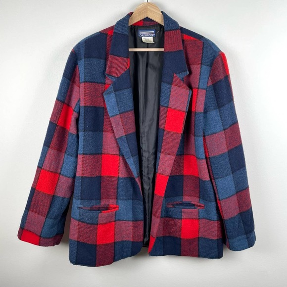90s Plaid Wool Blazer Shacket Shirt Jacket Coat Blue Red Academia Preppy Size L - Picture 3 of 8